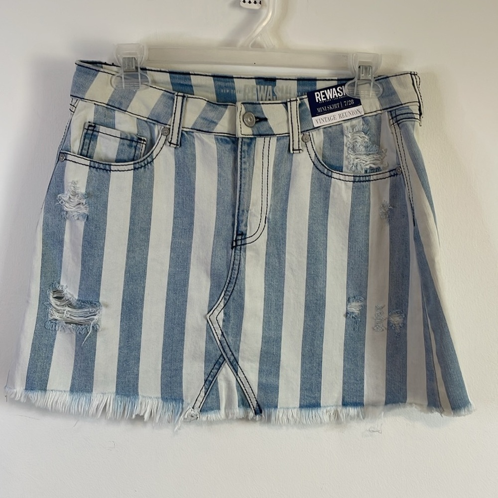 NWT Rewash Jean Skirt 7/28 Mini Blue Stripe Denim Stretch Coastal Beach Soft